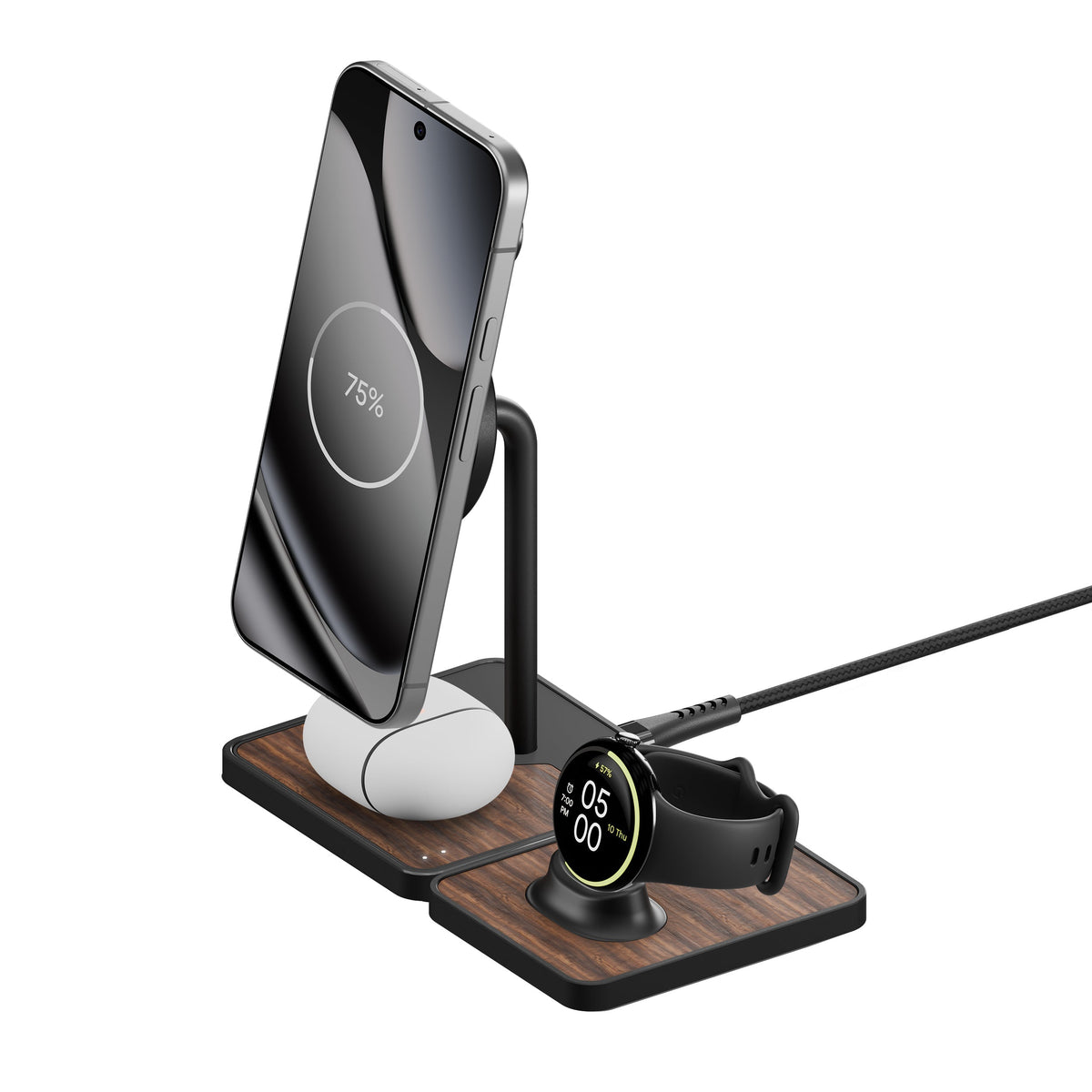Wireless Charging Stand and Pixel Watch Charger - Walnut